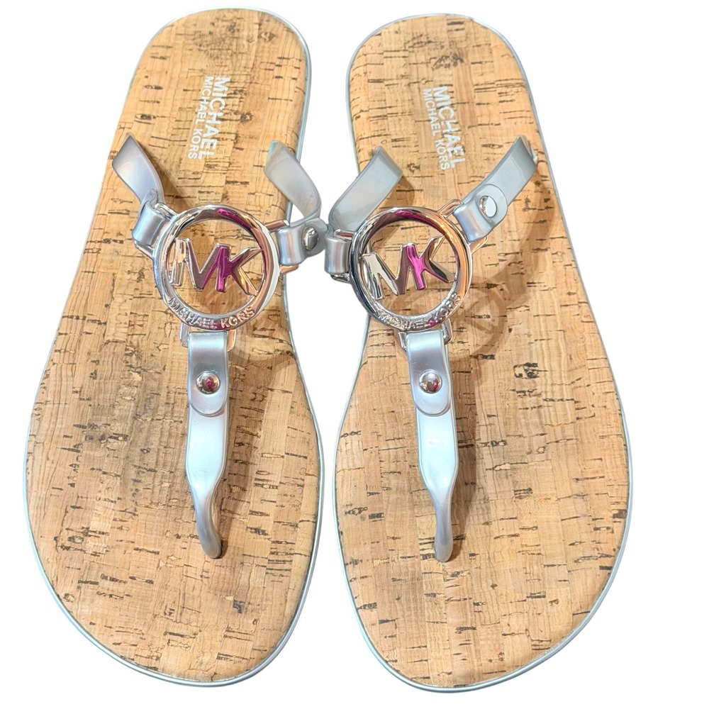 Michael Kors Flip Flop Sandals Womens 7 Silver Cork Thong MK Logo Flat